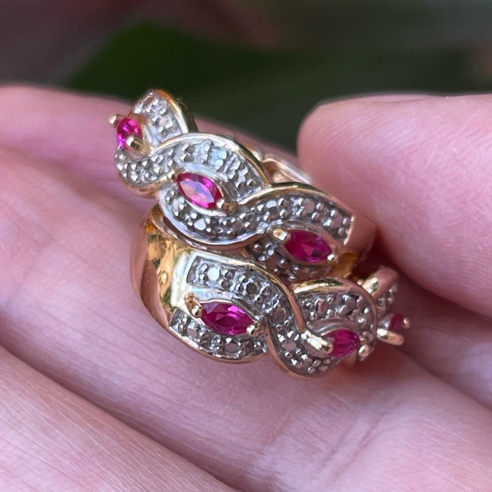 Natural diamond & lab grown ruby gold plated sterling silver earrings - Picture 12 of 12